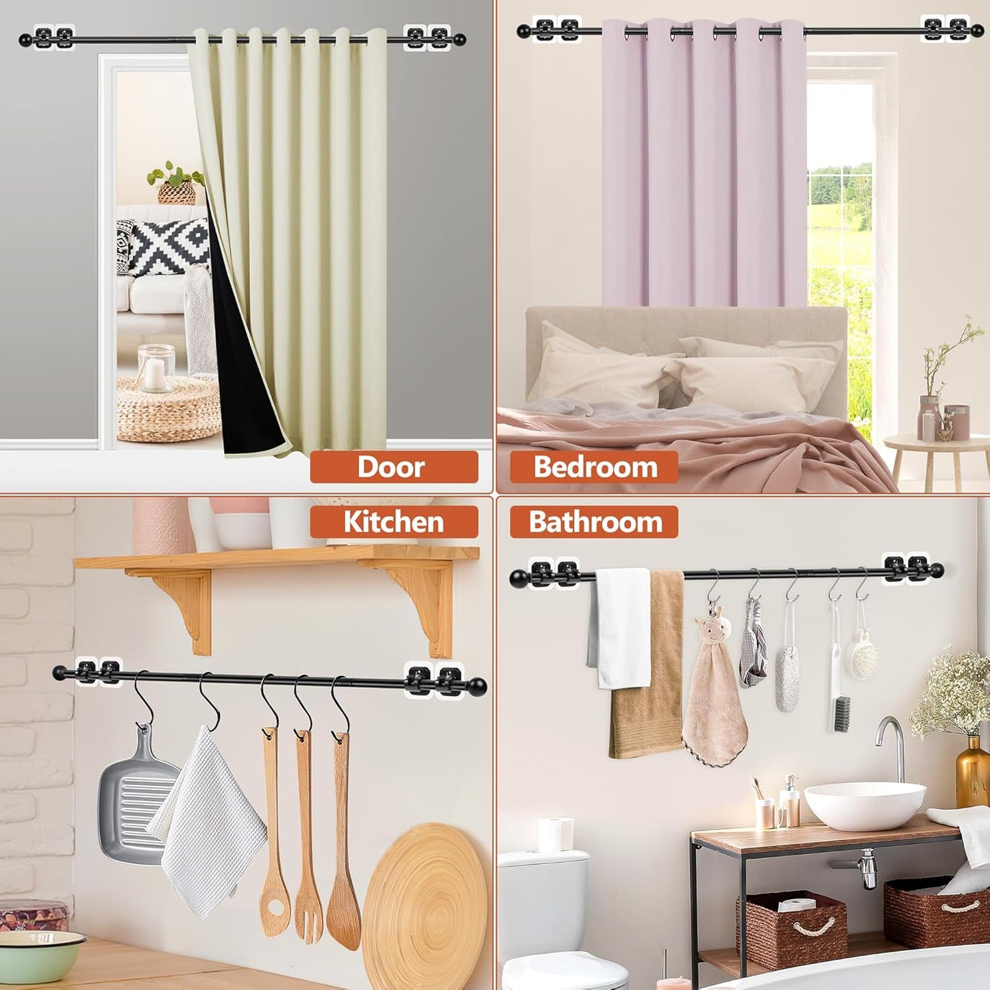 Adjustable Curtain Rods, 30-45 Inch 5/8 Inch Diameter Heavy Duty Drape Pole, No-Drill Adhesive Curtain Rod Holders, Window Mounted Renter-Friendly Black Brackets