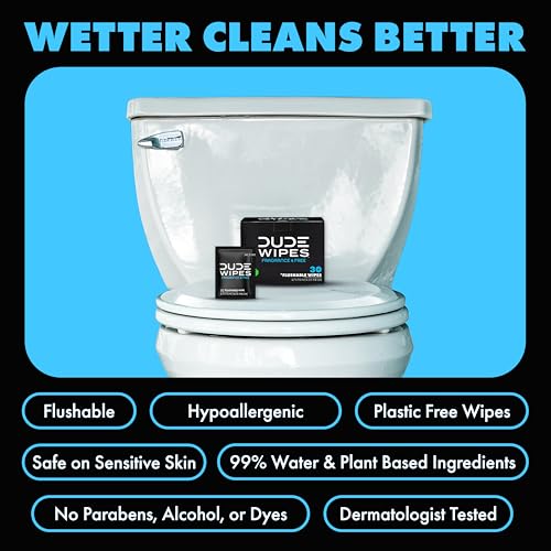 DUDE Wipes On-The-Go Unscented Adult Flushable Travel Wipes, 60 Count | 60 individually wrapped flushable butt wipes. Travel essentials. Hypoallergenic, 99% water, vitamin E and aloe. Septic safe.
