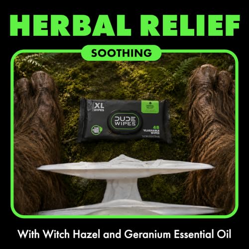 DUDE Wipes Herbal Relief Adult Flushable Wet Wipes, Witch Hazel, 288 Count | Soothing relief. 99% water, extra large flushable butt wipes. Geranium oil, vitamin E and aloe. Septic safe. 6 packs of 48.