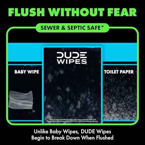 DUDE Wipes Herbal Relief Adult Flushable Wet Wipes, Witch Hazel, 288 Count | Soothing relief. 99% water, extra large flushable butt wipes. Geranium oil, vitamin E and aloe. Septic safe. 6 packs of 48.