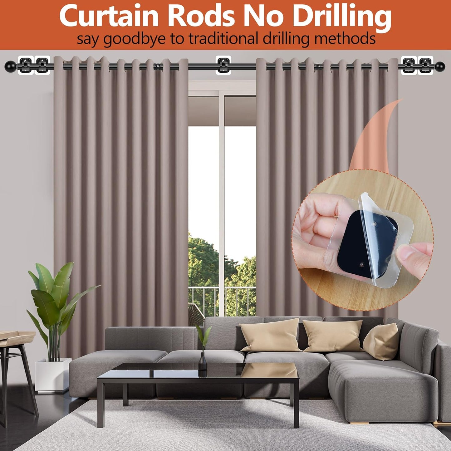 Adjustable Curtain Rods, 30-45 Inch 5/8 Inch Diameter Heavy Duty Drape Pole, No-Drill Adhesive Curtain Rod Holders, Window Mounted Renter-Friendly Black Brackets