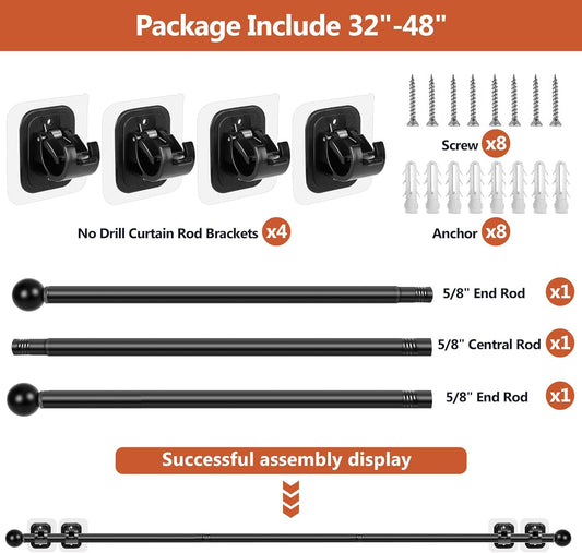 Adjustable Curtain Rods, 30-45 Inch 5/8 Inch Diameter Heavy Duty Drape Pole, No-Drill Adhesive Curtain Rod Holders, Window Mounted Renter-Friendly Black Brackets