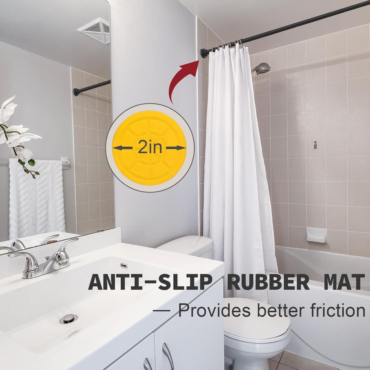 Adjustable Shower Curtain Rod 43-78 Inch, 1" Diameter Spring Tension Rod, No Drill Anti-Rust Non-Slip Bathroom Shower Curtain Rod, Black