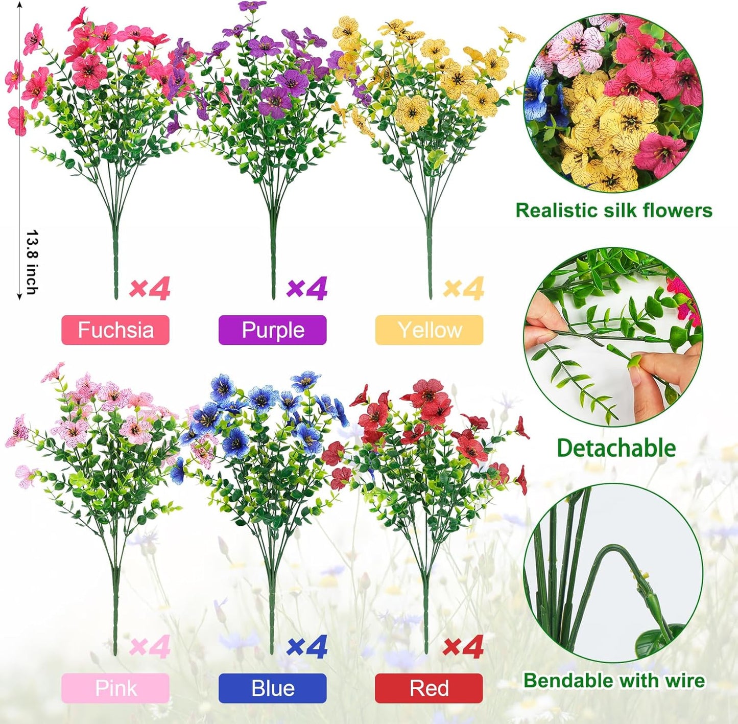 24 Bundles Artificial Flowers for Outdoors – UV Resistant Fake Silk & Faux Plastic Plants for Garden, Porch, Window Box, Table Vase & Indoor Outdoor Home Decor (Mixed Colors)