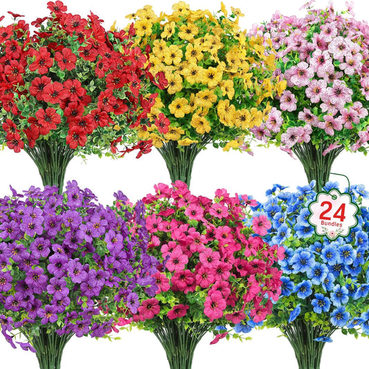 24 Bundles Artificial Flowers for Outdoors – UV Resistant Fake Silk & Faux Plastic Plants for Garden, Porch, Window Box, Table Vase & Indoor Outdoor Home Decor (Mixed Colors)
