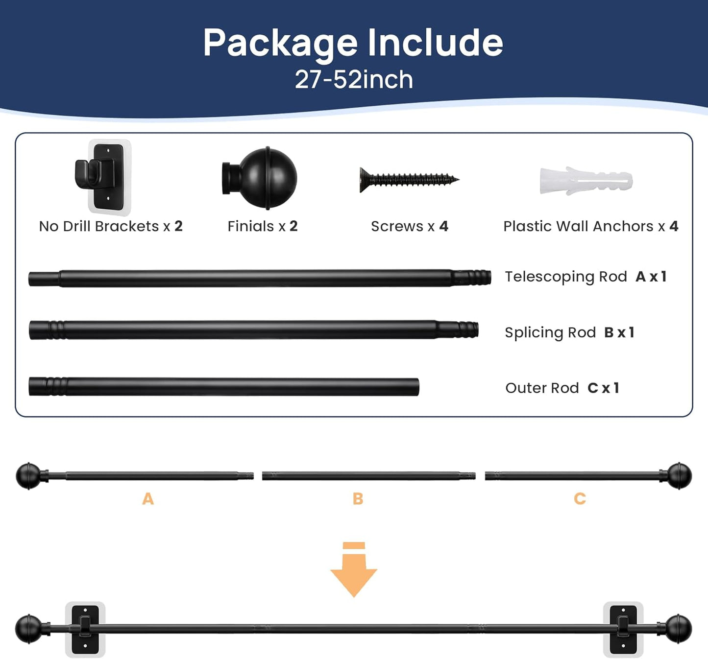 No-Drill Adjustable Curtain Rod (27–52 Inches)