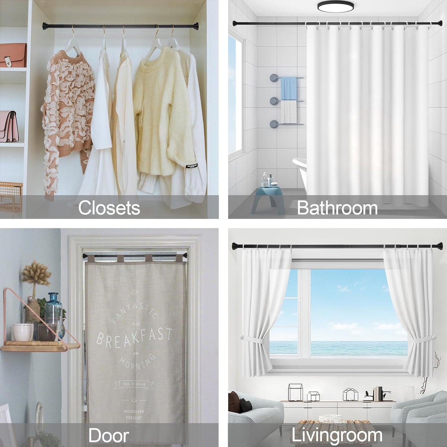 Adjustable Shower Curtain Rod 43-78 Inch, 1" Diameter Spring Tension Rod, No Drill Anti-Rust Non-Slip Bathroom Shower Curtain Rod, Black