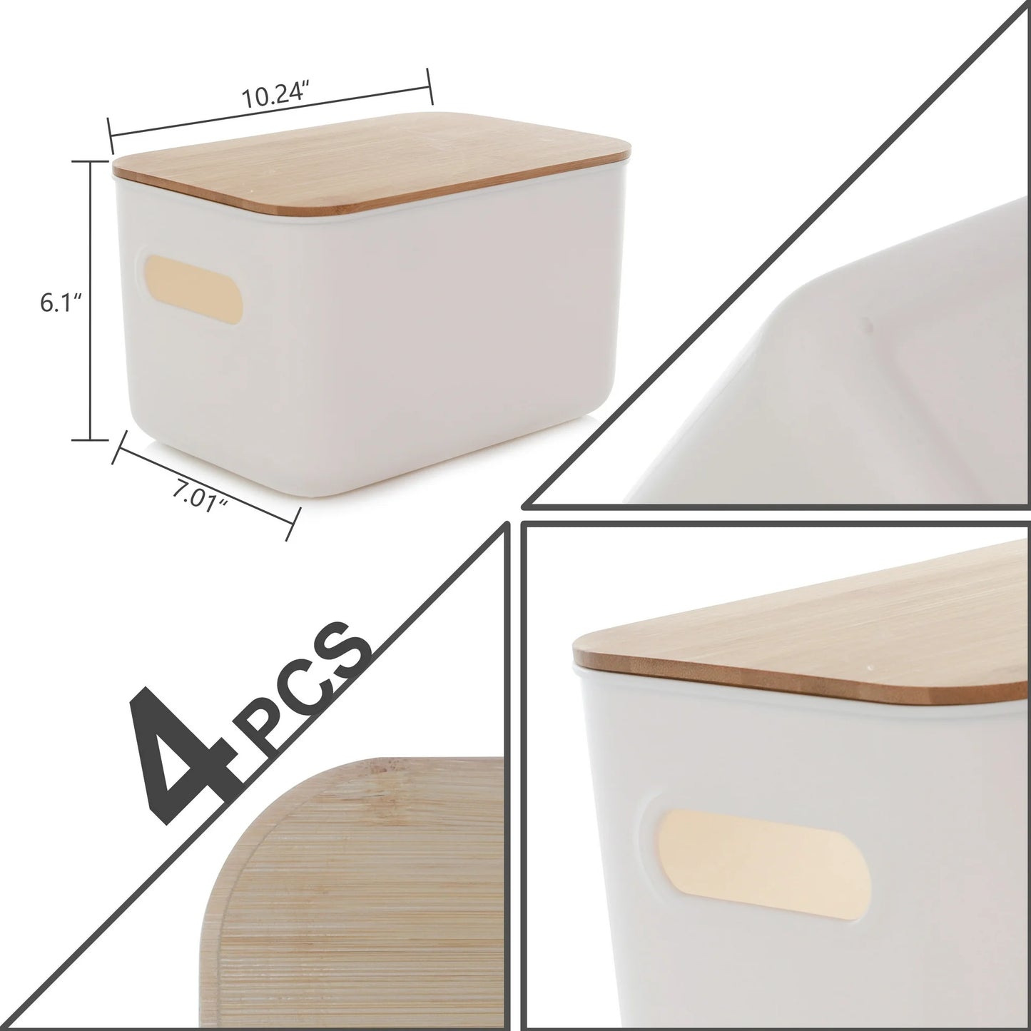 Stackable Storage Bin with Bamboo Lids 4 Pack 10" x 7" x 6"