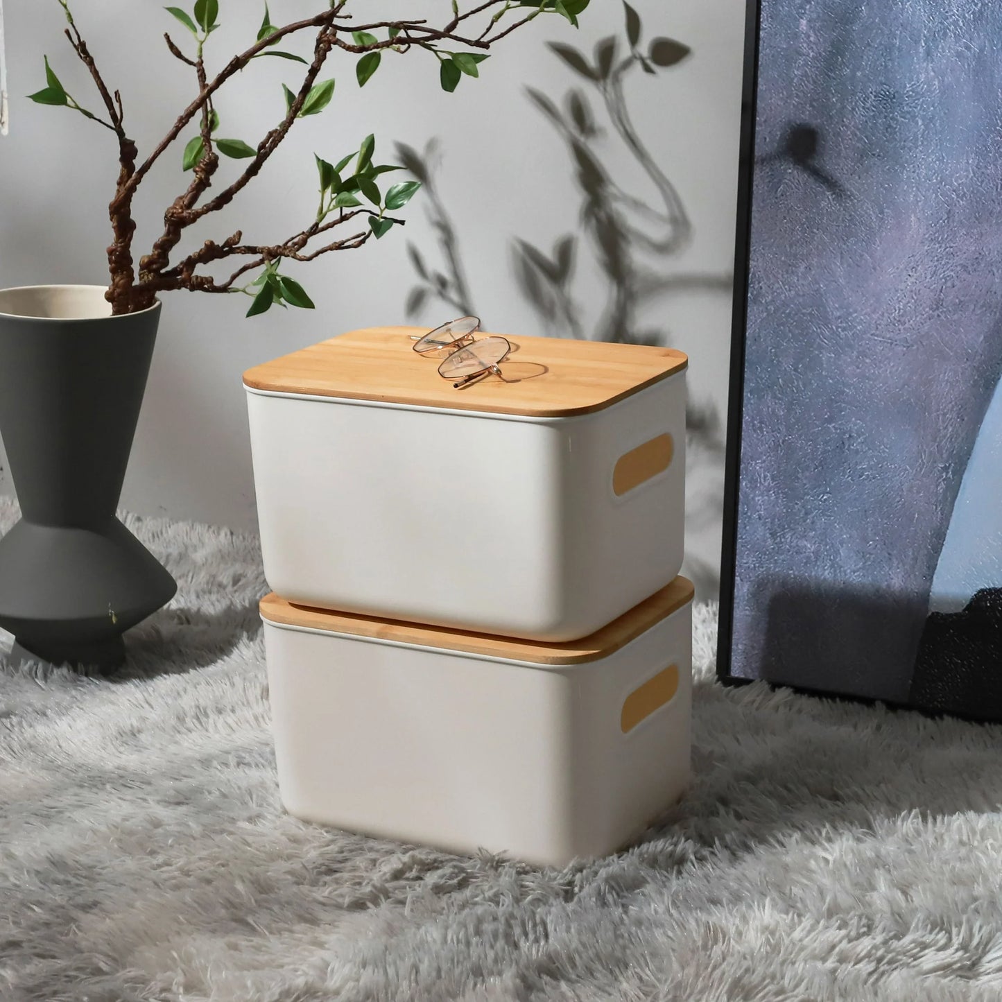 Stackable Storage Bin with Bamboo Lids 4 Pack 10" x 7" x 6"