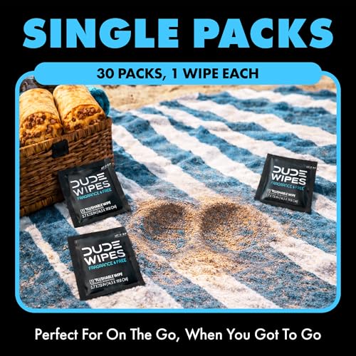 DUDE Wipes On-The-Go Unscented Adult Flushable Travel Wipes, 60 Count | 60 individually wrapped flushable butt wipes. Travel essentials. Hypoallergenic, 99% water, vitamin E and aloe. Septic safe.
