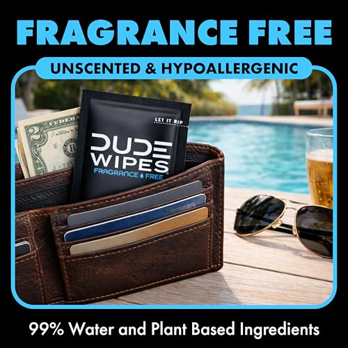 DUDE Wipes On-The-Go Unscented Adult Flushable Travel Wipes, 60 Count | 60 individually wrapped flushable butt wipes. Travel essentials. Hypoallergenic, 99% water, vitamin E and aloe. Septic safe.