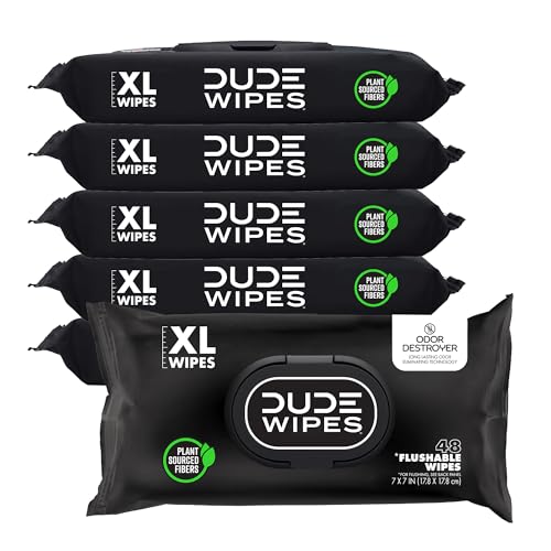 DUDE Wipes Unscented Adult Flushable Wet Wipes, Sensitive Skin, 288 Count | 99% water, extra large flushable butt wipes. Fragrance free, hypoallergenic, vitamin E and aloe. Septic safe. 6 packs of 48.