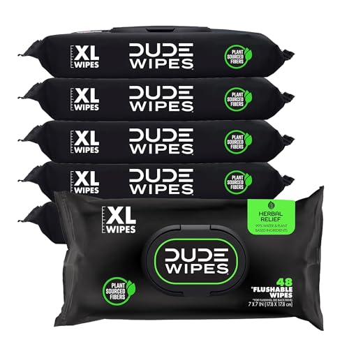 DUDE Wipes Herbal Relief Adult Flushable Wet Wipes, Witch Hazel, 288 Count | Soothing relief. 99% water, extra large flushable butt wipes. Geranium oil, vitamin E and aloe. Septic safe. 6 packs of 48.
