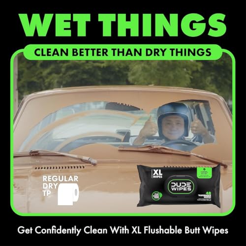 DUDE Wipes Herbal Relief Adult Flushable Wet Wipes, Witch Hazel, 288 Count | Soothing relief. 99% water, extra large flushable butt wipes. Geranium oil, vitamin E and aloe. Septic safe. 6 packs of 48.