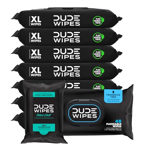 DUDE Wipes Unscented Adult Flushable Wipes and Mint Travel Pack, 402 Count | 8 packs of 48 extra large unscented flushable butt wipes plus 18 mint travel wipes. 99% water, vitamin E, aloe. Septic safe.