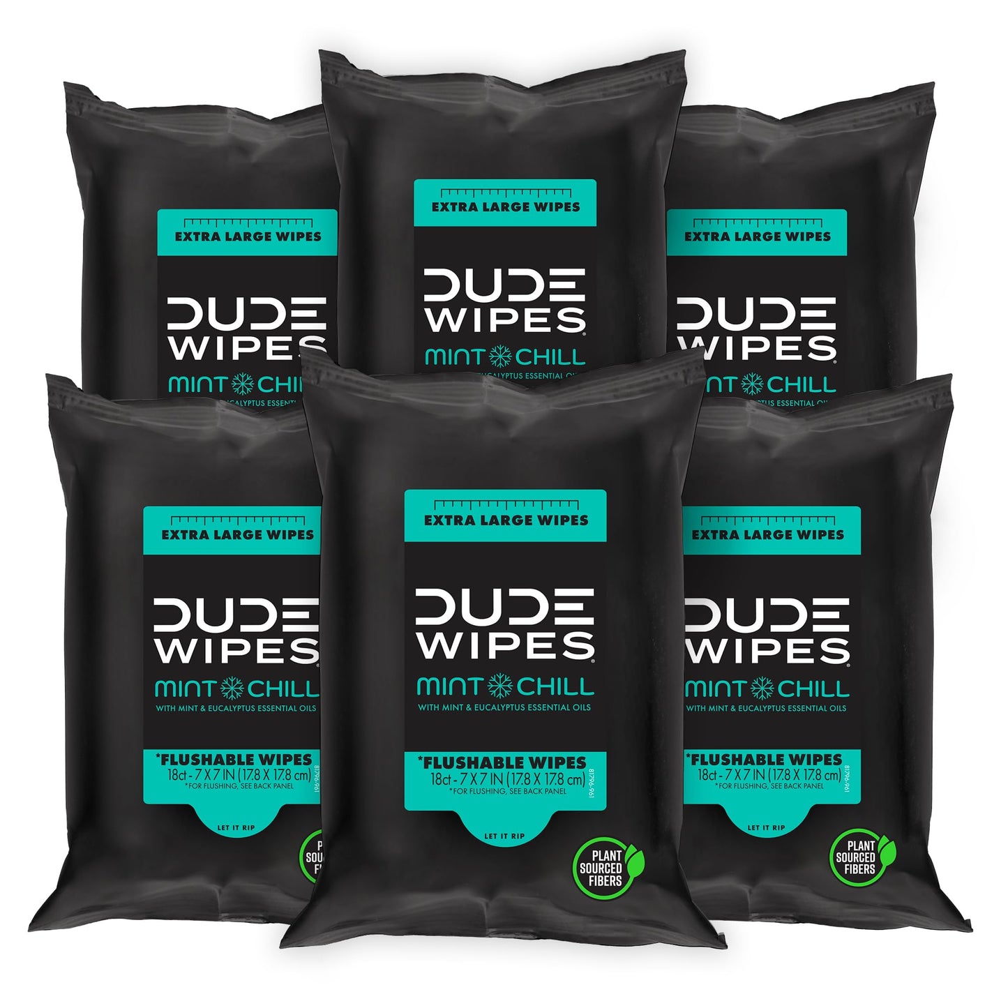 DUDE Wipes Mint Chill Adult Flushable Travel Wipes, Camping, 108 Count | 6 travel packs of 18 extra large flushable butt wipes. Road trip essentials. 99% water with tea tree oil. Septic safe.