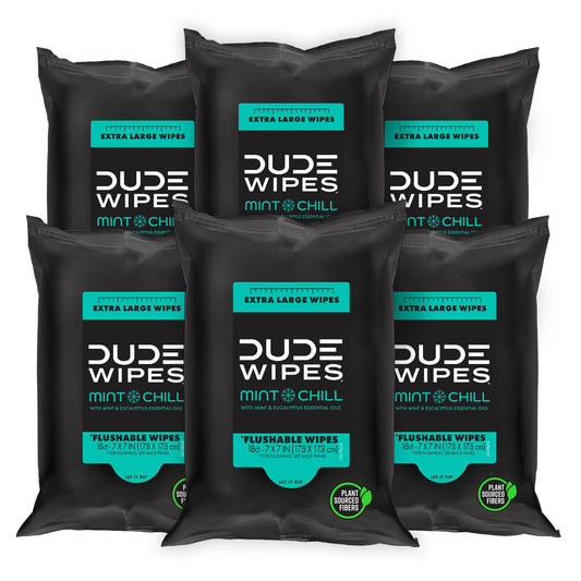 DUDE Wipes Mint Chill Adult Flushable Travel Wipes, Camping, 108 Count | 6 travel packs of 18 extra large flushable butt wipes. Road trip essentials. 99% water with tea tree oil. Septic safe.