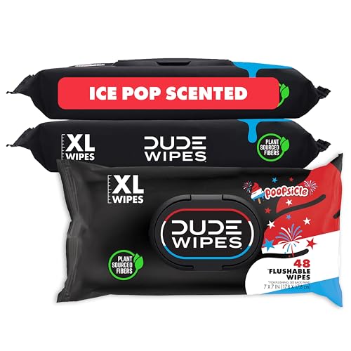 DUDE Wipes Unscented Adult Flushable Wet Wipes, Sensitive Skin, 288 Count | 99% water, extra large flushable butt wipes. Fragrance free, hypoallergenic, vitamin E and aloe. Septic safe. 6 packs of 48.