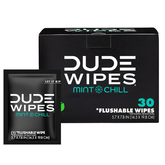 DUDE Wipes On-The-Go Mint Chill Adult Flushable Travel Wipes, 30 Count | 30 individually wrapped flushable butt wipes. Travel essentials. 99% water, tea tree oil, vitamin E and aloe. Septic safe.