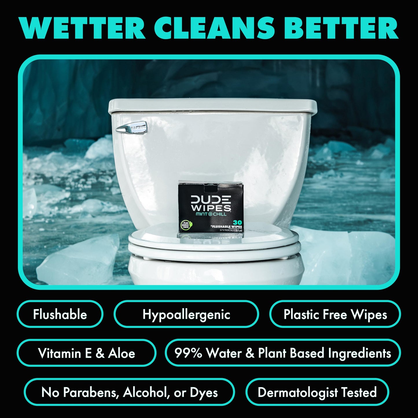 DUDE Wipes On-The-Go Mint Chill Adult Flushable Travel Wipes, 30 Count | 30 individually wrapped flushable butt wipes. Travel essentials. 99% water, tea tree oil, vitamin E and aloe. Septic safe.