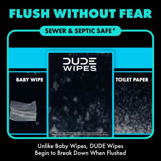 DUDE Wipes Mint Chill Adult Flushable Travel Wipes, Camping, 108 Count | 6 travel packs of 18 extra large flushable butt wipes. Road trip essentials. 99% water with tea tree oil. Septic safe.