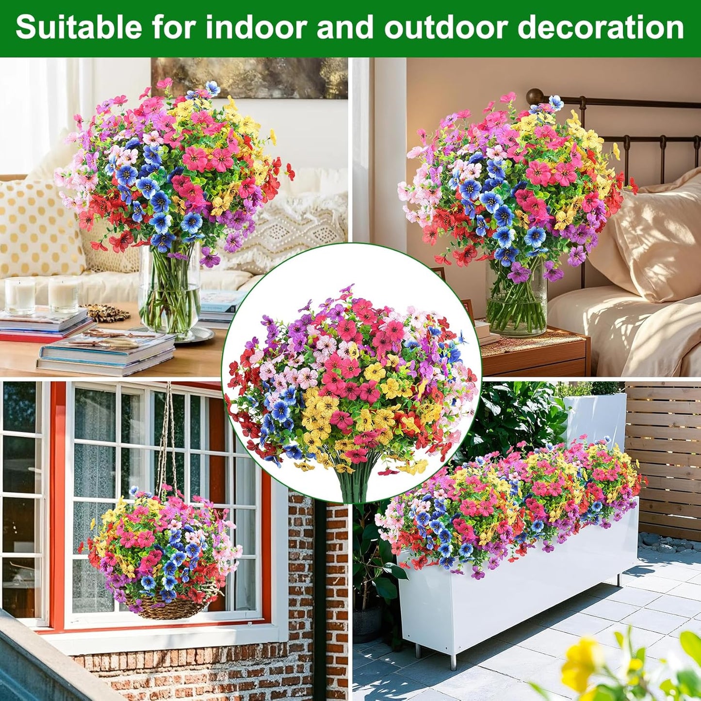 24 Bundles Artificial Flowers for Outdoors – UV Resistant Fake Silk & Faux Plastic Plants for Garden, Porch, Window Box, Table Vase & Indoor Outdoor Home Decor (Mixed Colors)