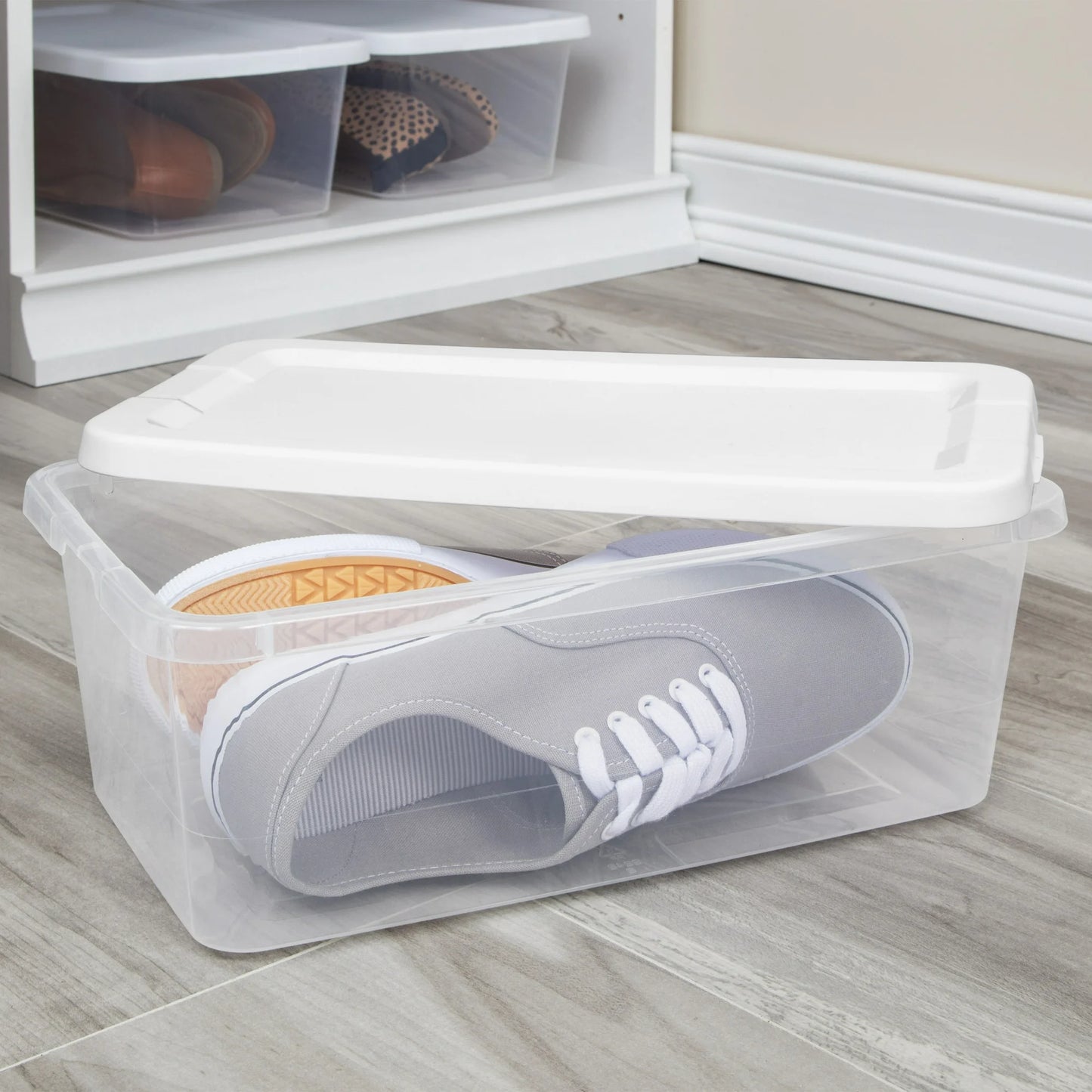 Sterilite Set of (10) Small Storage Bin, 6 Quart Clear Plastic Storage Container with Snap-On Lid, White/Green