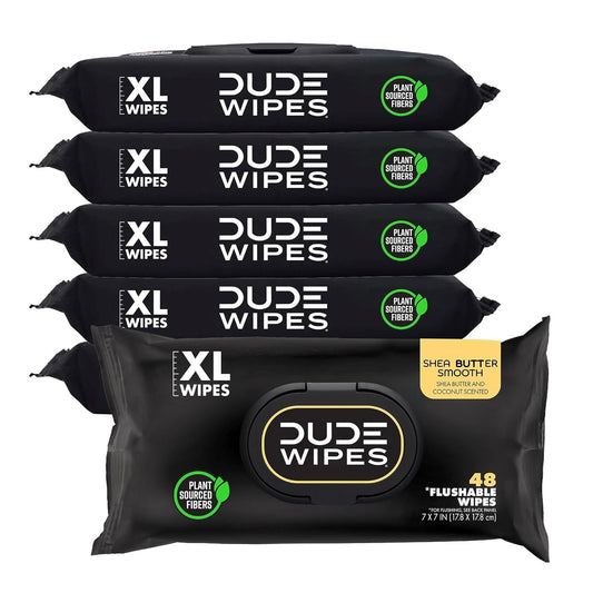 DUDE Wipes Shea BUTTer Adult Flushable Wet Wipes, Moisturizing, 288 Count | 99% water, extra large flushable butt wipes. Moisturizing coconut oil, vitamin E and aloe. Septic safe. 6 packs of 48.